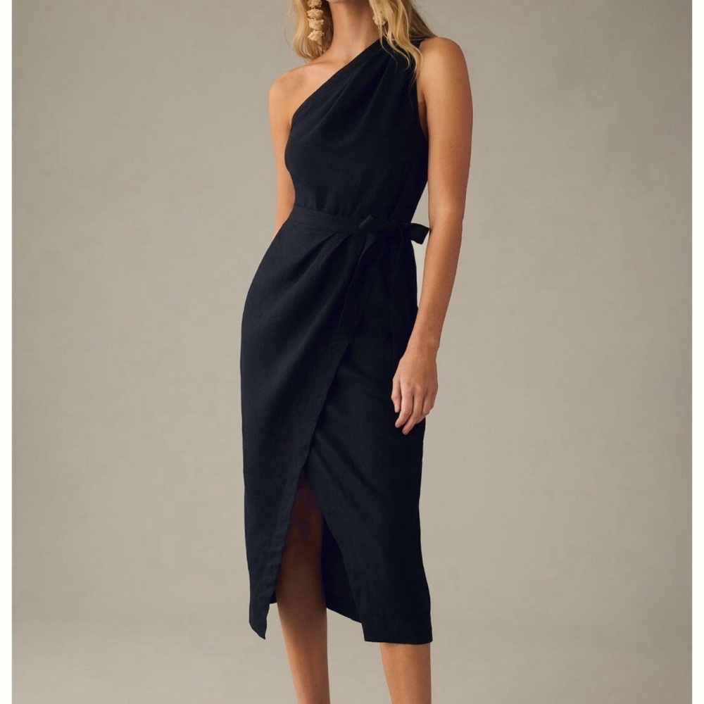 By Anthropologie Black One Shoulder Linen Wrap Dress